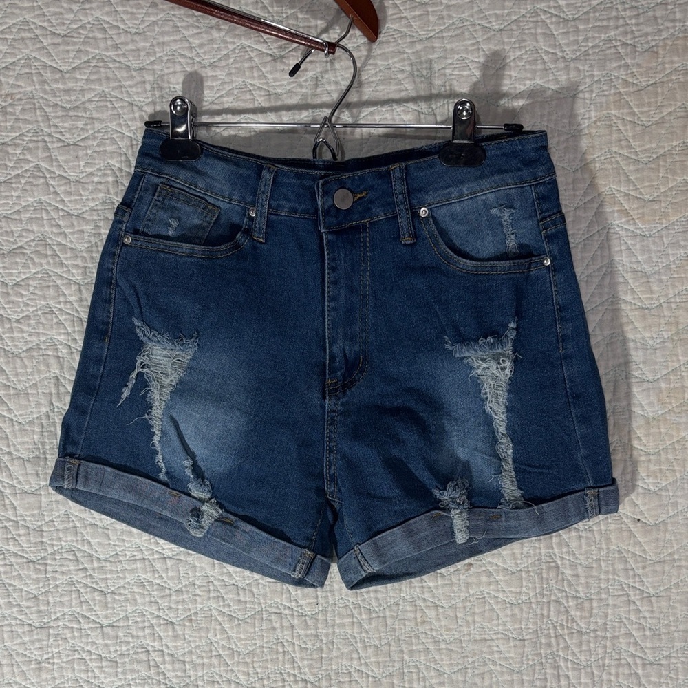 Trendy Blue Distressed Jean Shorts